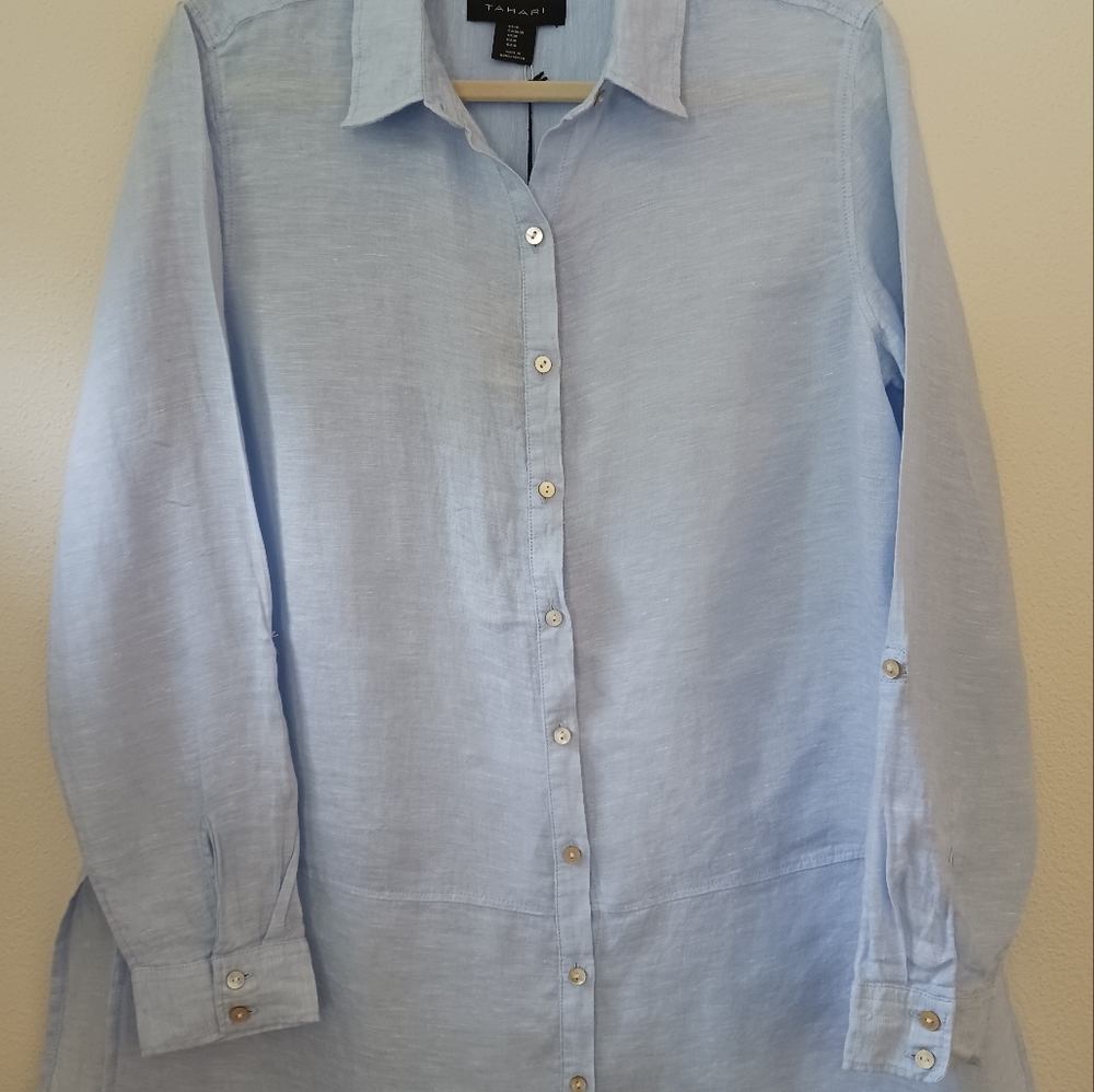 Tahari Essentials Sz M 42" 100% Luxe Linen Chambray Blue Button Up Tunic Shirt